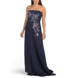 RENE BY RENE RUIZ Navy Strapless Floral Applique Gown